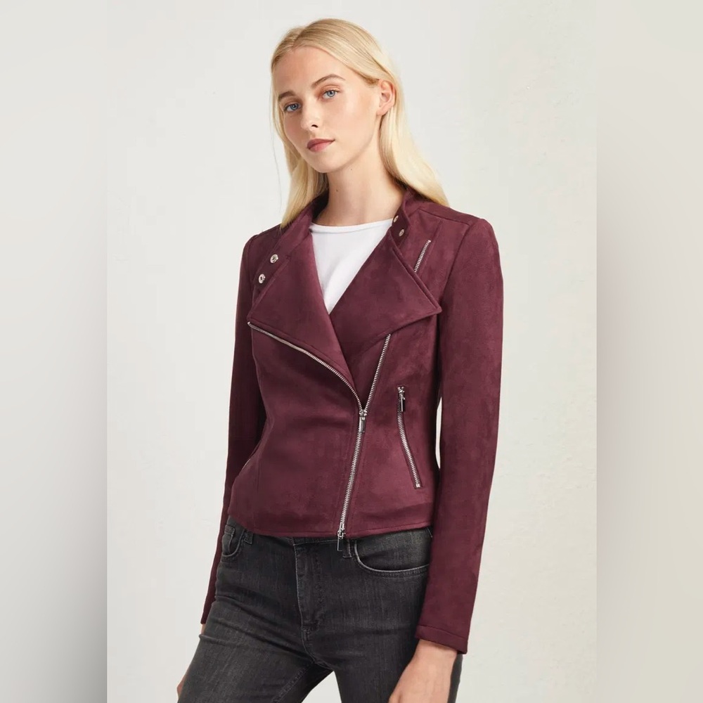 French Connection faux Suede Moto Jacket - Burgundy